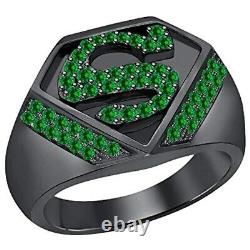 14K Black Gold Plated 1Ct Round Cut Simulated Green Emerald Men's Superman Ring