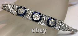 Art deco Style Blue & White Sapphire & Simulated Diamond Tennis Silver Bracelet