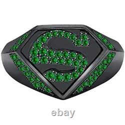 Bague d'homme Superman en or noir plaqué 14 carats avec émeraude verte simulée taillée en rond de 1 carat