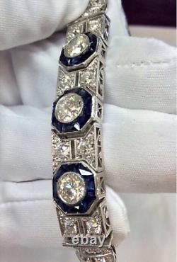 Bracelet de tennis en argent avec saphirs bleus et blancs et diamants simulés de style Art déco