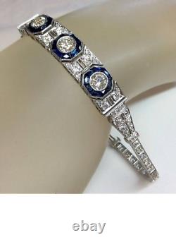 Bracelet de tennis en argent avec saphirs bleus et blancs et diamants simulés de style Art déco