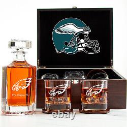 Carafon à whisky avec ballon de football gravé des Philadelphia Eagles et 2 verres dans une boîte en bois