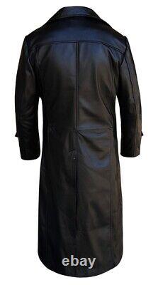 Manteau long en cuir noir pour homme : Trench-coat en cuir noir pour homme